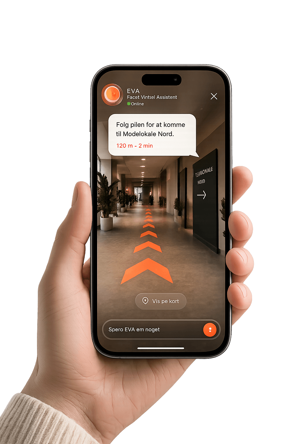 EVA AR-vejvisning på en telefon i et venue